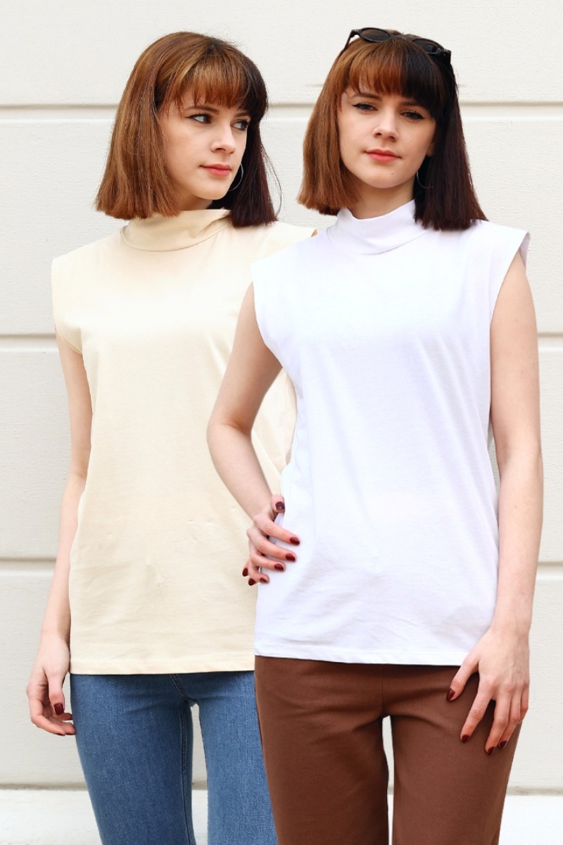 Suny Beyaz-Bej İkili Paket T-Shirt